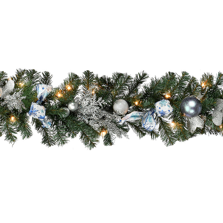 National Tree Company Pre-Lit Artificial Christmas Garland, Green, Evergreen, White Lights, Decorated With Ribbon Bows, Ball Ornaments, Frosted Branches, Plug In, Christmas Collection, 9 Feet