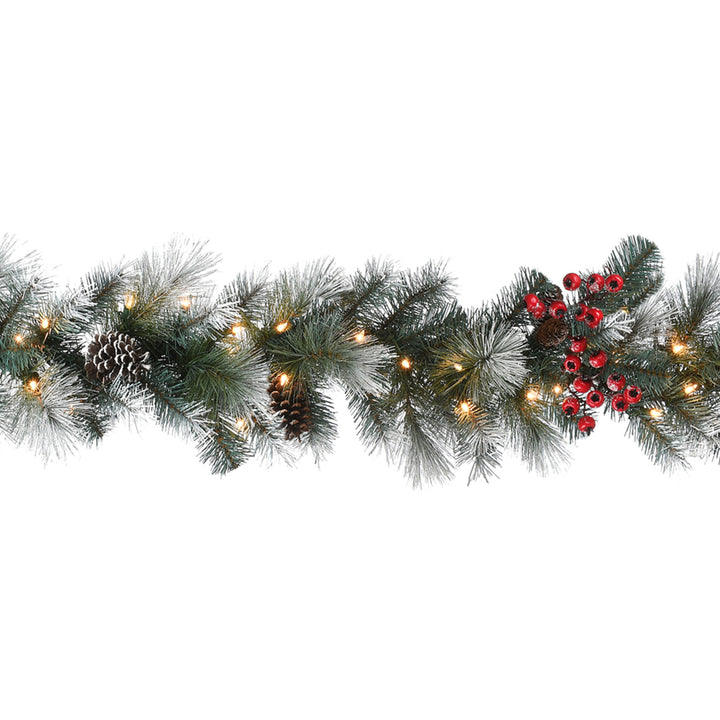 National Tree Company Pre-Lit Artificial Christmas Garland, Green, Glacier Pine, White Lights, Decorated With Pine Cones, Berry Clusters, Frosted Branches, Plug In, Christmas Collection, 9 Feet