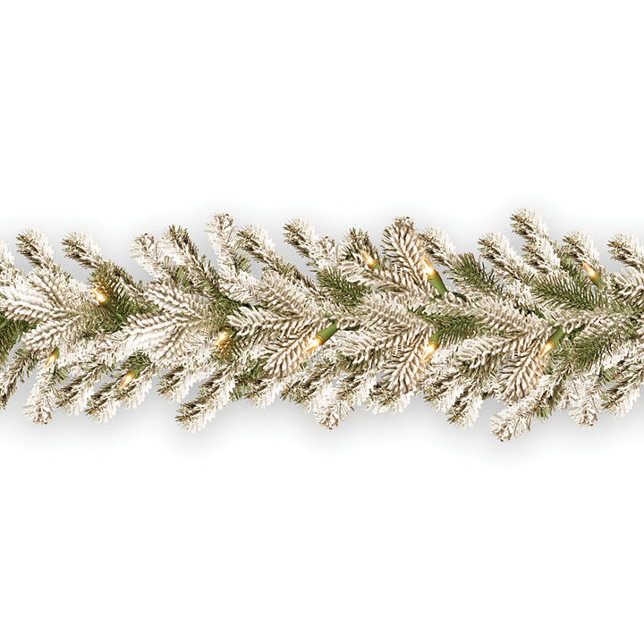 National Tree Company Pre-Lit 'Feel Real' Artificial Christmas Garland, Green, Sheffield Spruce, White Lights, Decorated With Frosted Branches, Plug In, Christmas Collection, 9 Feet