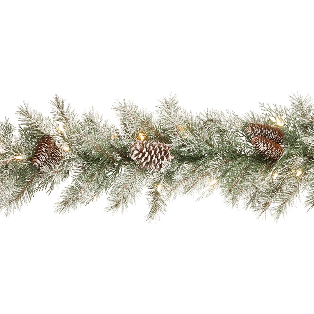 National Tree Company Pre-Lit 'Feel Real' Artificial Christmas Garland, Green, Mountain Spruce, White Lights, Decorated With Pine Cones, Frosted Branches, Berry Clusters, Plug In, Christmas Collection, 9 Feet