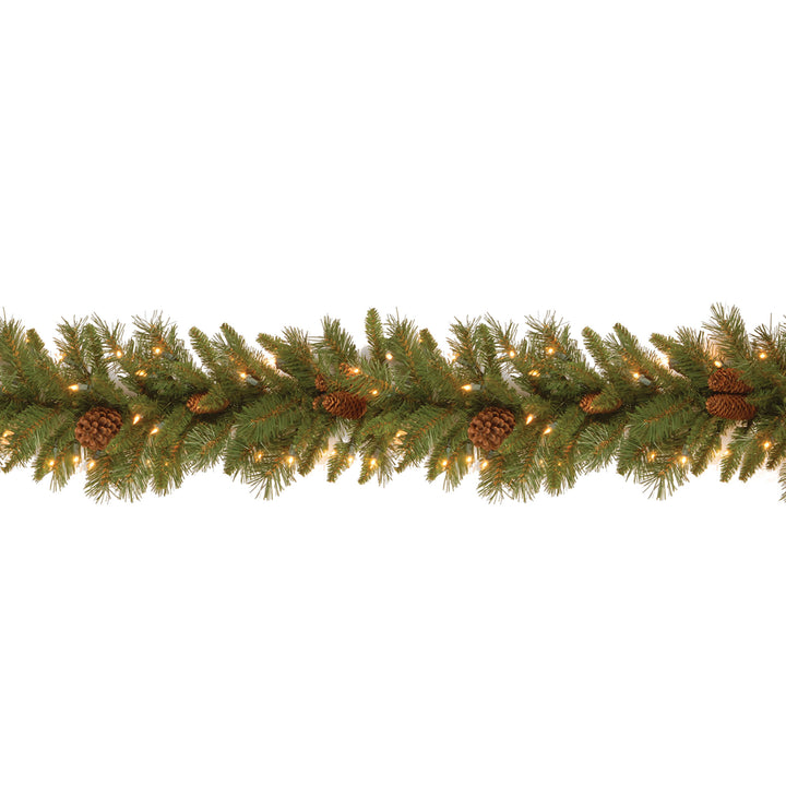 Pre-Lit Artificial Christmas Garland, Green, Evergreen, White Lights, Decorated With Pine Cones, Plug In, Christmas Collection, 9 Feet