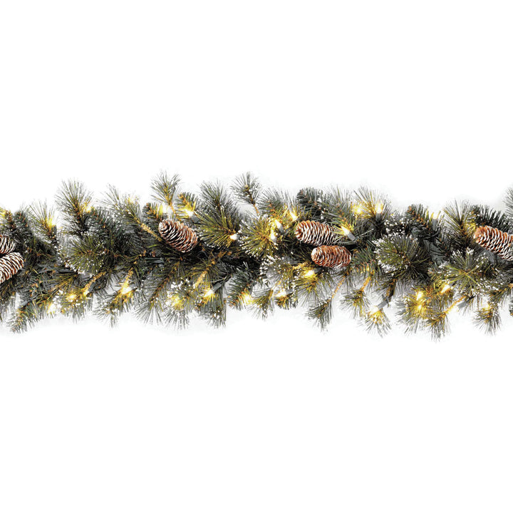 Pre-Lit Artificial Christmas Garland, Green, Glittery Pine, White Lights, Decorated With Pine Cones, Snow Flakes, Frosted Branches, Plug In, Christmas Collection, 9 Feet