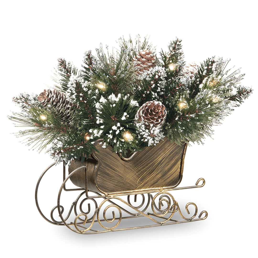 10" Glittery Bristle Pine Sleigh with White Tipped Cones