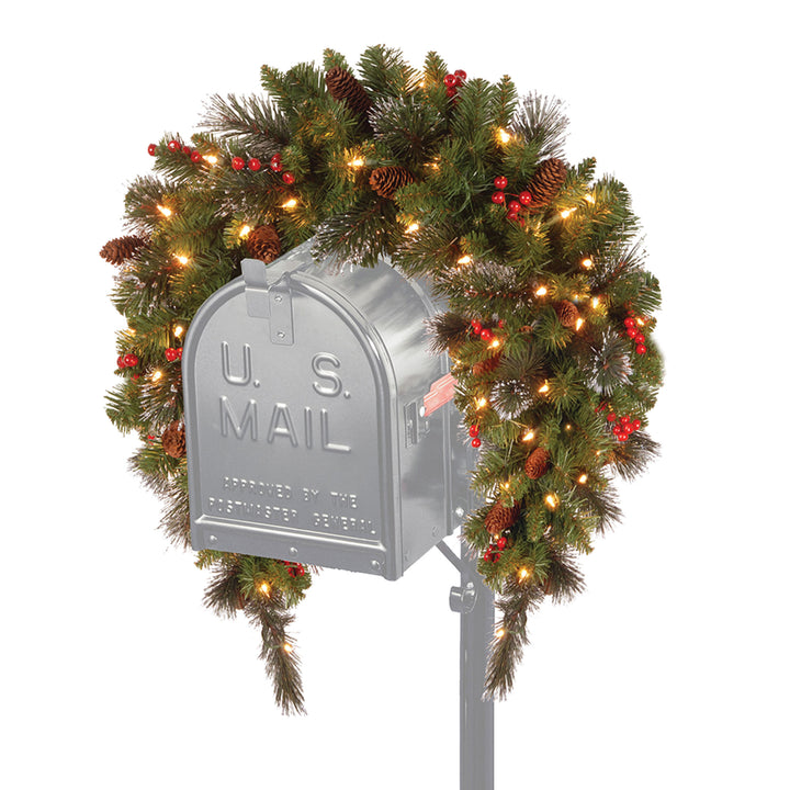 National Tree Company Pre-Lit Artificial Mailbox Swag Decoration, Green, Crestwood Spruce, LED Lights, Decorated with Berry Clusters, Pine Cones, Christmas Collection, 3 Feet