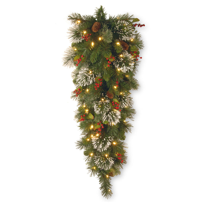 Pre-Lit Artificial Christmas Teardrop, Green, Wintry Pine, White Lights, Decorated with Pine Cones, Berry Clusters, Frosted Branches, Christmas Collection, 48 Inches