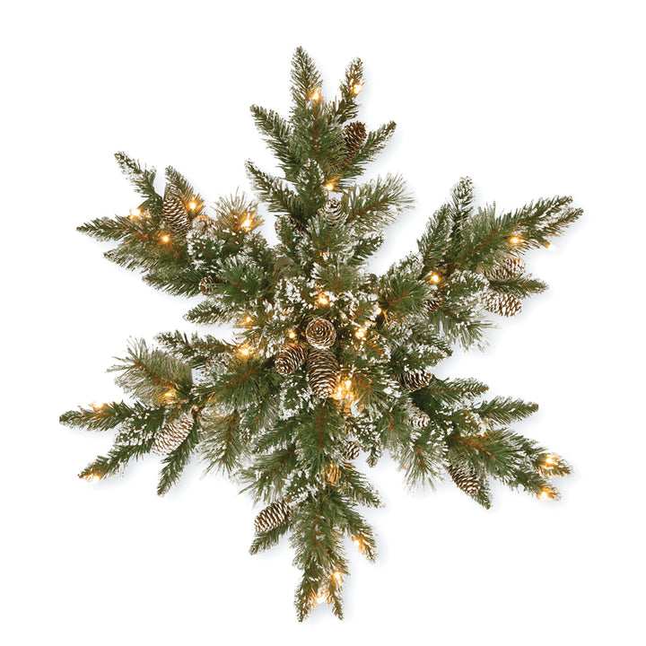 Pre-Lit Artificial Christmas Star Wreath, Green, Glittery Bristle Pine, White Lights, Decorated with Pine Cones, Frosted Branches, Christmas Collection, 32 Inches