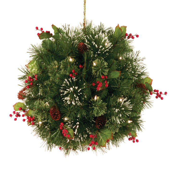 National Tree Company Pre-Lit Artificial Christmas Kissing Ball, Green, Wintry Pine, Decorated with Pine Cones, Berry Clusters, Frosted Branches, Christmas Collection, 16 Inches