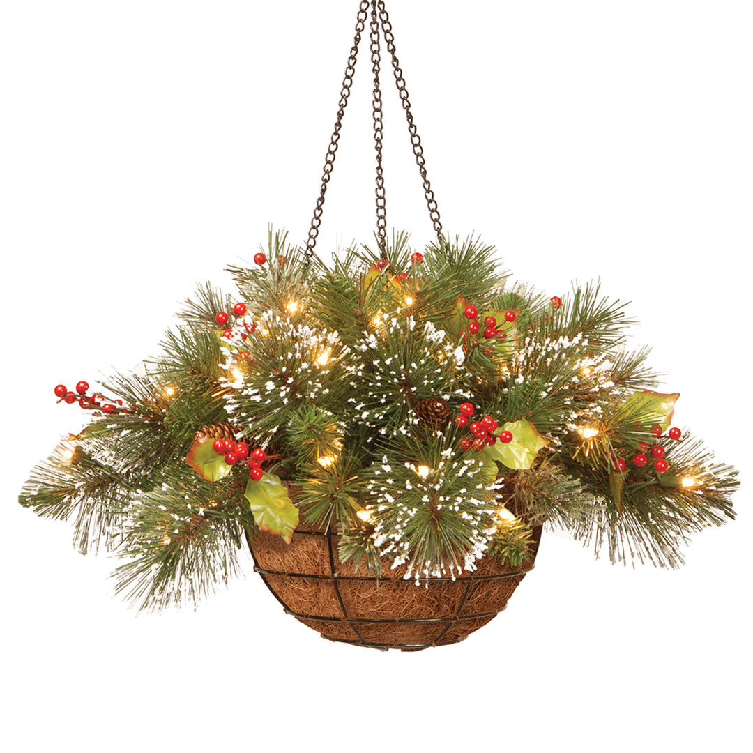 Pre-Lit Artificial Christmas Hanging Basket, Wintry Pine, Decorated With Frosted Pine Cones, Berry Clusters, White Lights, Christmas Collection, 20 Inches