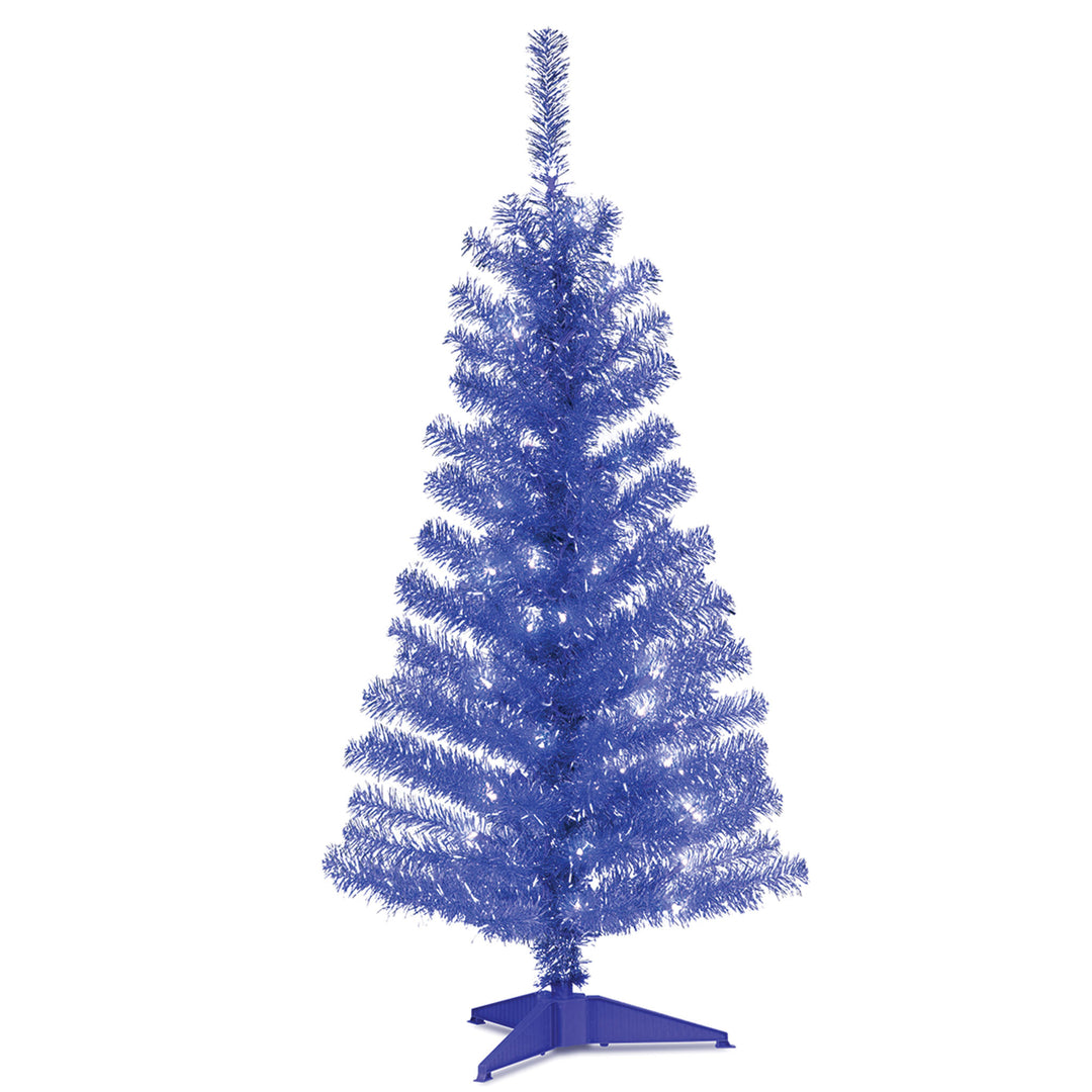 Pre-Lit Artificial Christmas Tree, Blue Tinsel, White Lights, Includes Stand, 4 feet