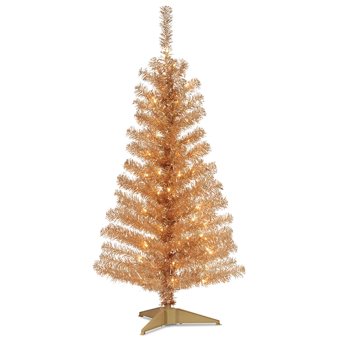 Pre-Lit Artificial Christmas Tree, Champagne Gold Tinsel, White Lights, Includes Stand, 4 feet
