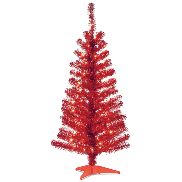 Pre-Lit Artificial Christmas Tree, Red Tinsel, White Lights, Includes Stand, 4 feet