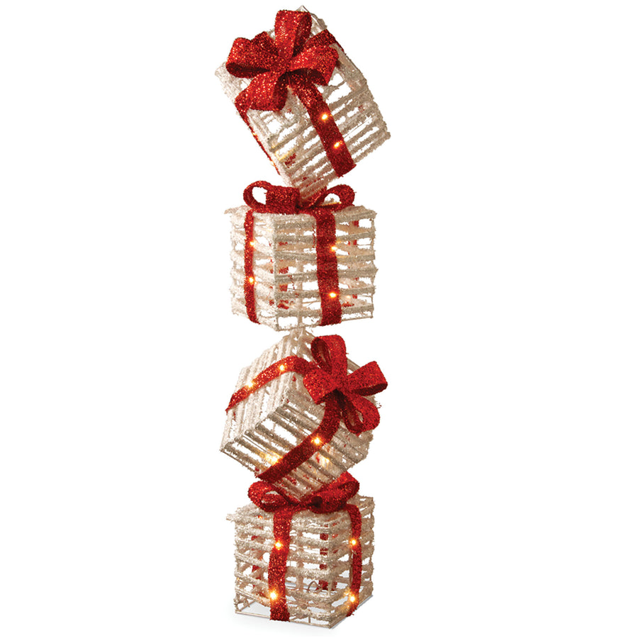 34 in. White Plastic Rattan Giftbox Tower with Micro LED Lights - National Tree Company