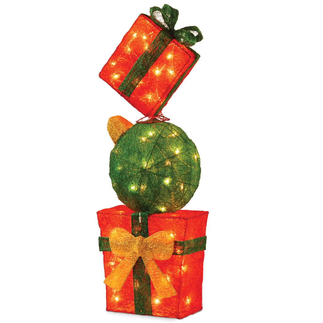 Pre-Lit Stack of Red and Green Gift Boxes Decoration, White Lights, Battery Operated, Christmas Collection, 33 Inches