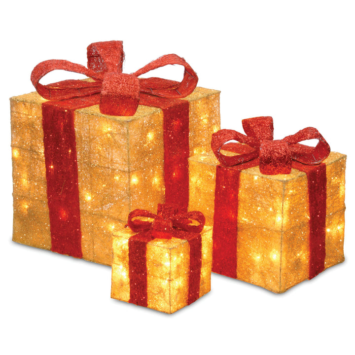 Pre-Lit Gold Gift Boxes, Set of Three, White Lights, Christmas Collection