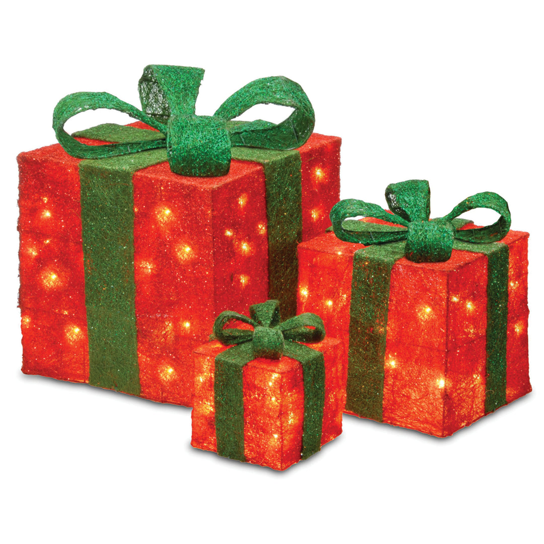 Pre-Lit Red Gift Boxes, Set of Three, White Lights, Christmas Collection