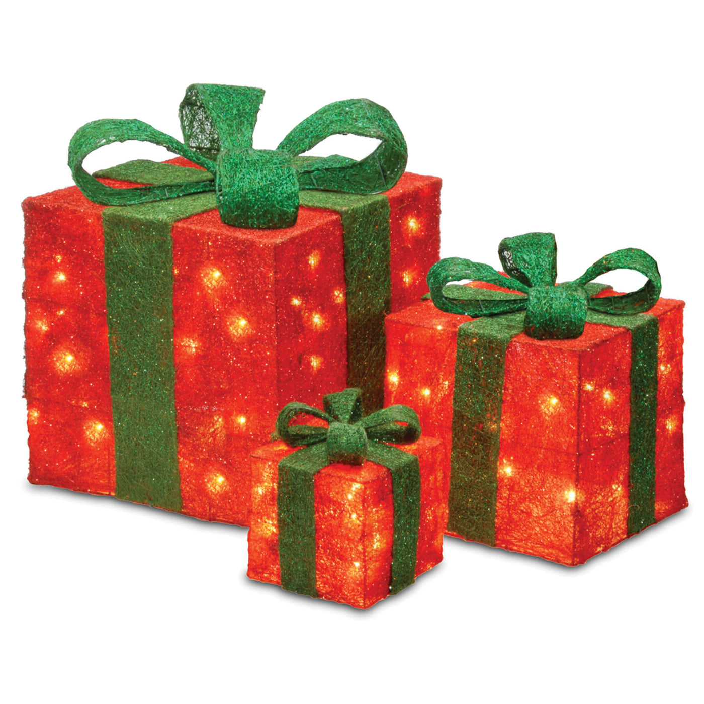 Pre-Lit Red Gift Boxes, Set of Three, White Lights - National Tree Company