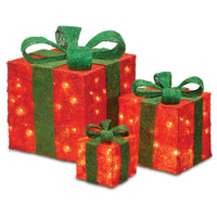 Pre-Lit Red Gift Boxes, Set of Three, White Lights - National Tree Company