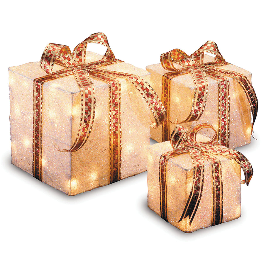 Pre-Lit White and Gold Gift Boxes, Set of Three, White Lights - National Tree Company