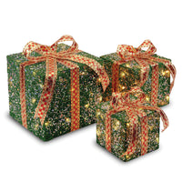 Pre-Lit Green and Gold Gift Boxes, Set of Three, White Lights - National Tree Company