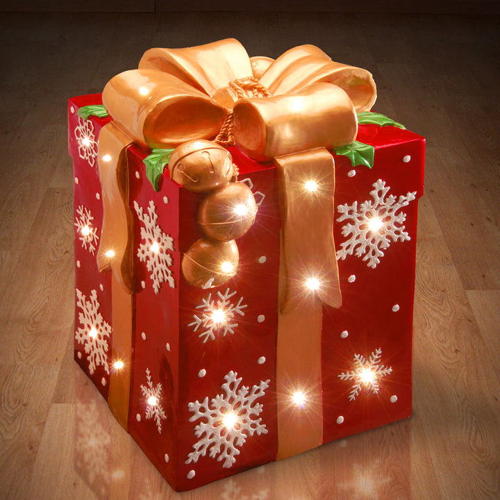 Pre-Lit 21" LED Red Gift Box with Gold Bow Decor